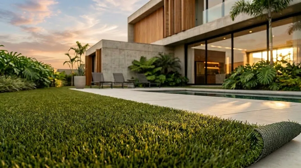 Gramado sintético em casa contemporânea com piscina e a ponta da grama enrolada